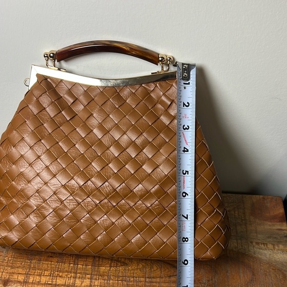 Valentina Fiore Brown Woven Leather Shoulder Bag with Curved Handle, No Strap - Picture 3 of 9
